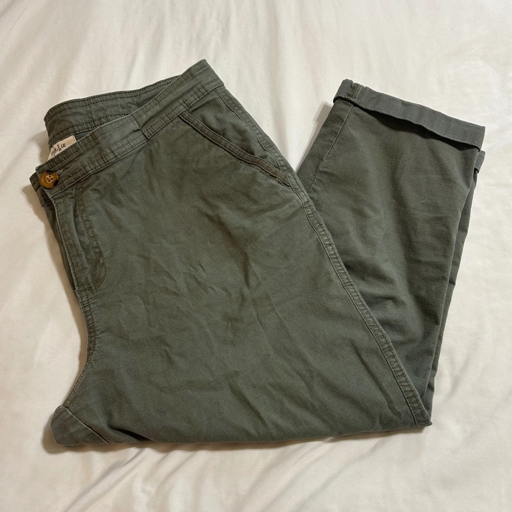 Style & Co Womens Olive Green Cuffed Crop Pants Size 12 Stretch Utility Casual